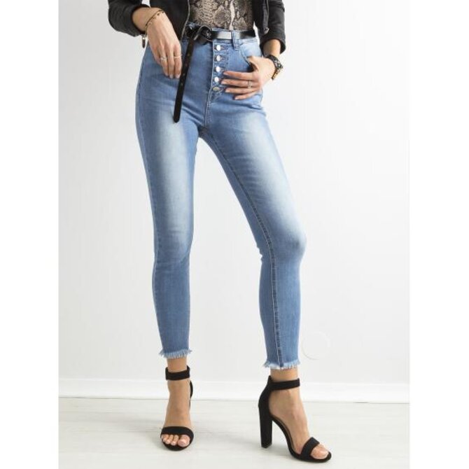 Dámské džíny s vysokým pasem a knoflíky vybledlé SKINNY modré Modrá, 34