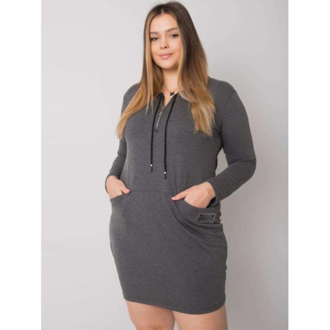 Dámské šaty s kapsami melanžové plus size ALESSIA tmavě šedé Tmavě šedá, Univerzální