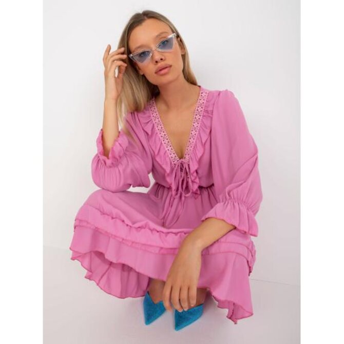 Dámské šaty s volánem boho mini Winona OCH BELLA růžové Růžová, Univerzální