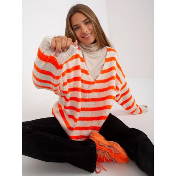 Dámský svetr s výstřihem do V oversize OCH BELLA bílý a oranžový Oranžová, Univerzální