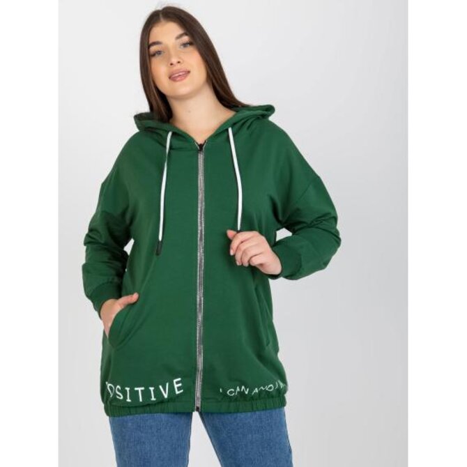 Dámská mikina plus size s kapucí bez zipu JAYDA tmavě zelená Tmavě zelená, Univerzální
