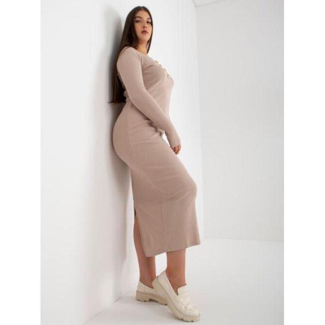 Dámské šaty s dlouhými rukávy plus size NINON béžové Béžová, Univerzální