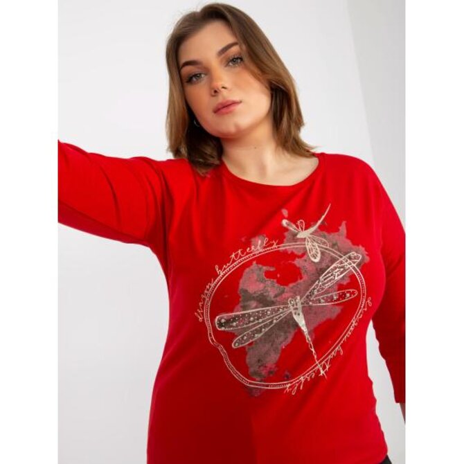 Dámská halenka s 3/4 rukávy a potiskem plus size UNA červená Červená, Univerzální