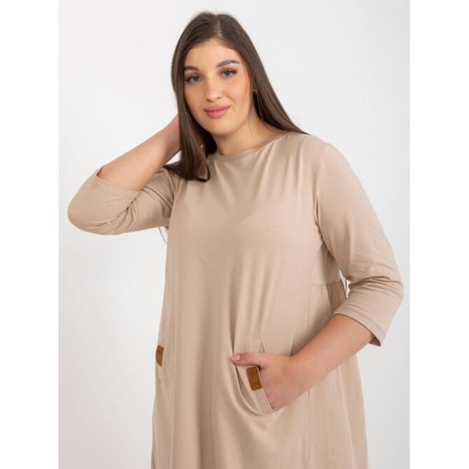 Dámské šaty s 3/4 rukávy plus size mini DALENNE tmavě béžové Karamelová, S/M