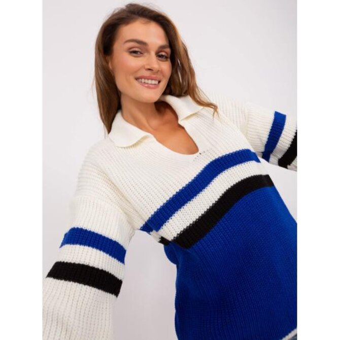 Dámský svetr s límečkem oversize ALESSIA ecru-kobaltový Modrá, Univerzální
