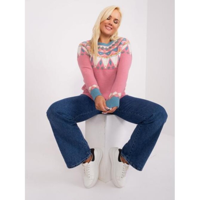 Dámský svetr se vzory plus size UENA růžový Růžová, XL/XXL