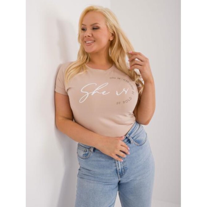 Dámské tričko s kamínkovou aplikací s nápisem plus size béžové Béžová, Univerzální
