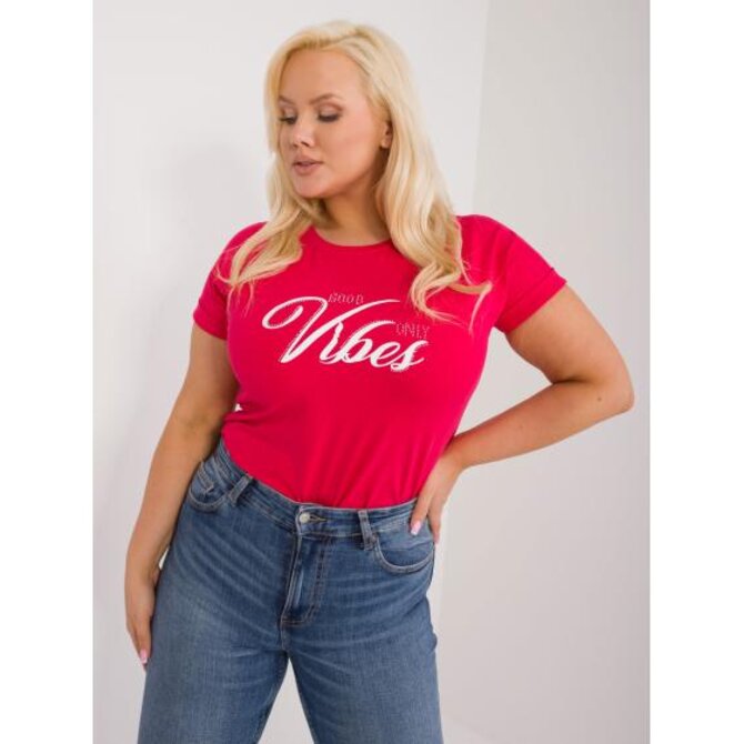 Dámské tričko s nápisem s kamínky plus size červené Červená, Univerzální