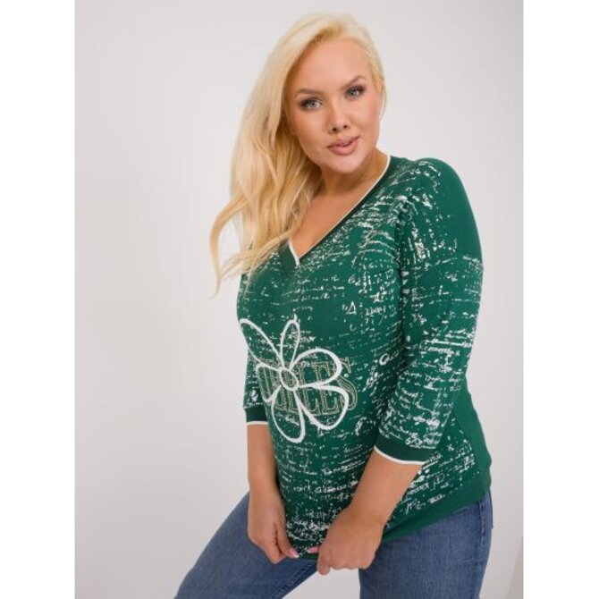 Dámská halenka s potiskem a kamínky plus size tmavě zelená Tmavě zelená, Univerzální