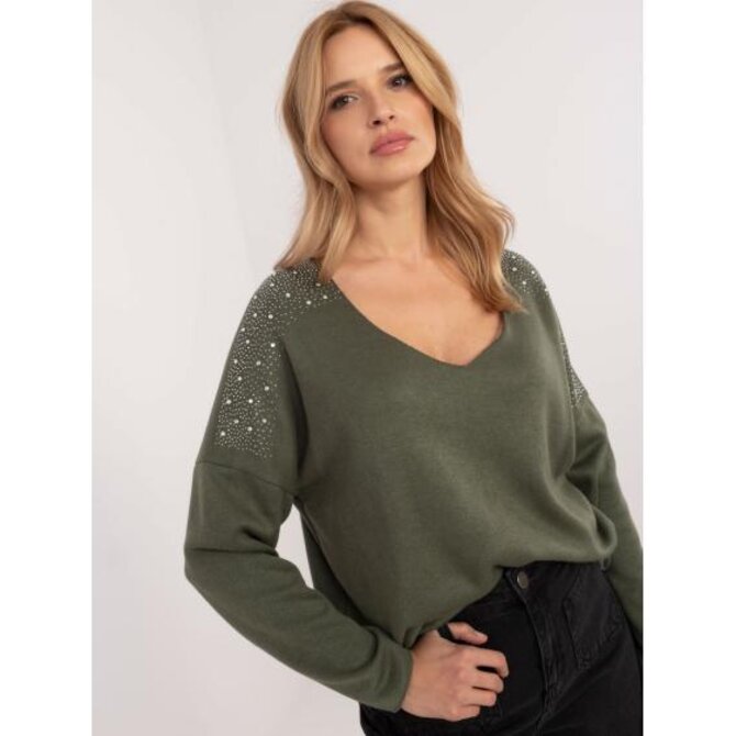 Khaki dámský oversize svetr s aplikacemi Khaki, Univerzální