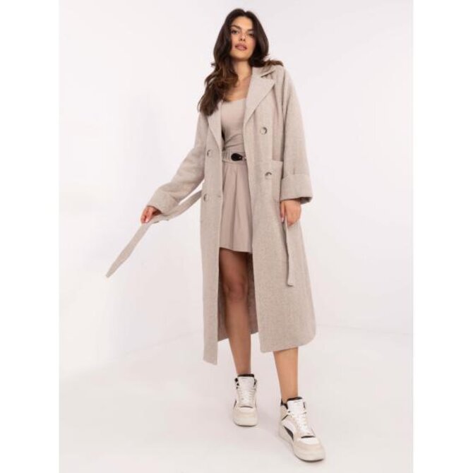 Béžový dámský dvouřadový kabát s páskem Béžová, L/XL