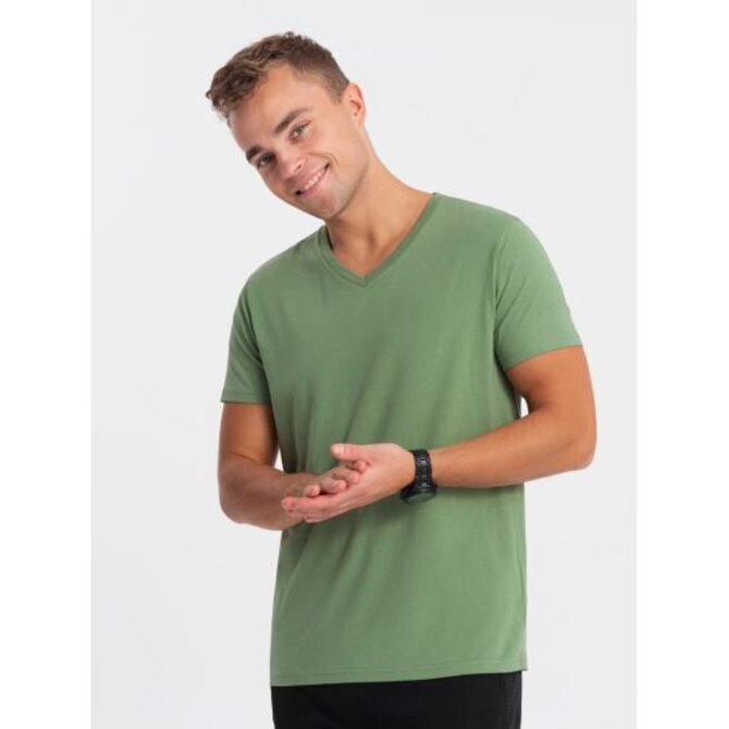 Pánské klasické bavlněné tričko s výstřihem BASIC zelené Zelená, 4XL