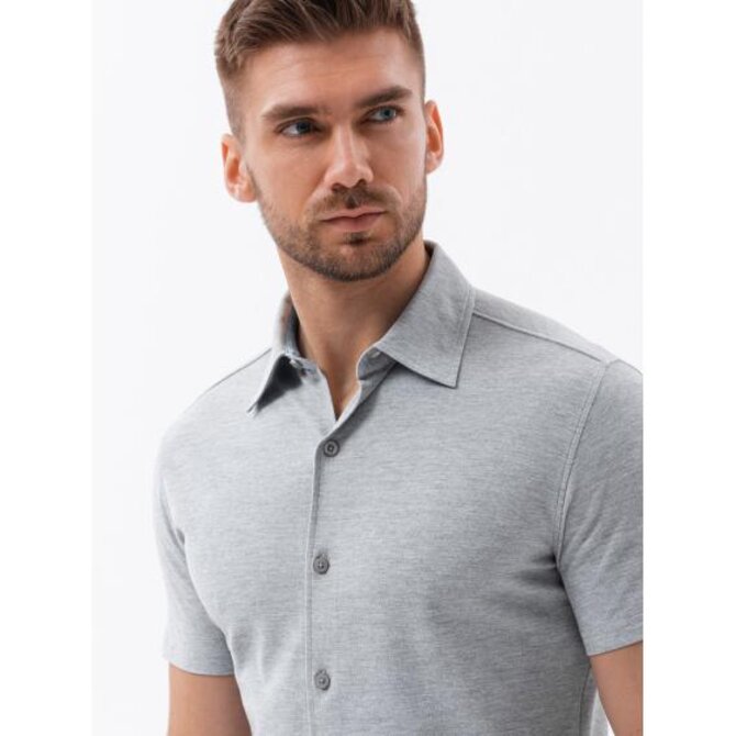 Pánská pletená košile slim fit s krátkými rukávy a límečkem šedá Šedá, XXL