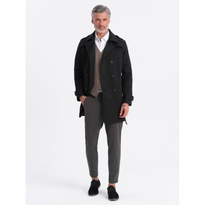 Pánský kabát SLIM FIT s páskem černý Černá, XXL