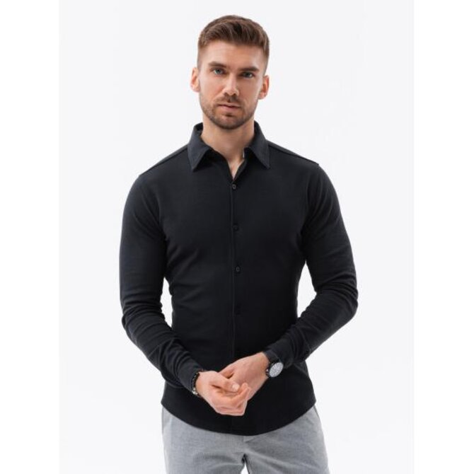 Pánská košile SLIM FIT z ozdobné tkaniny - modrá V1 Černá, L