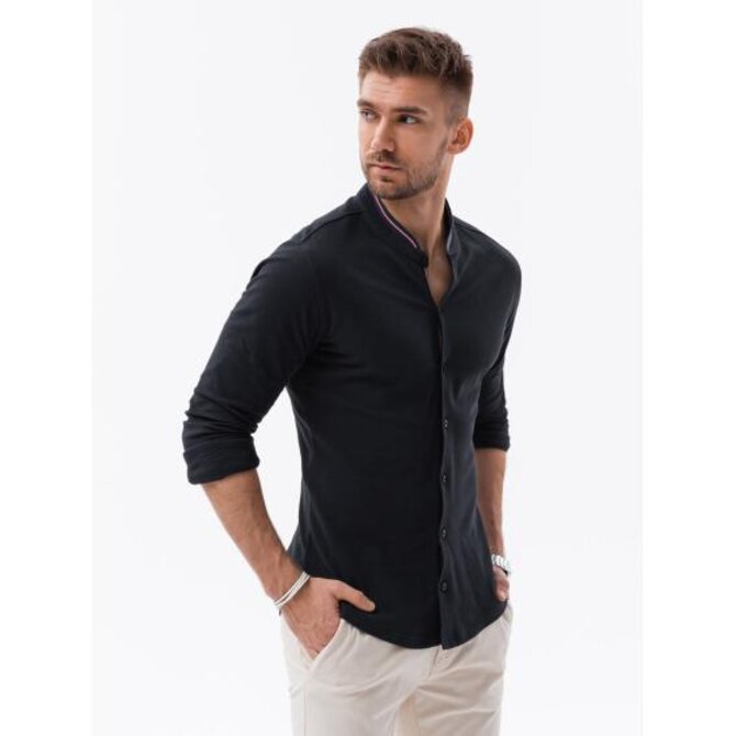 Pánská SLIM FIT košile z dekorativní látky - modrá V1 Černá, XXL