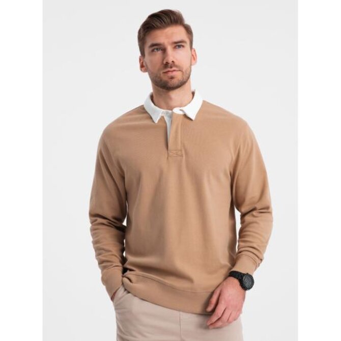 Pánský svetr s bílým polo límcem V8 OM-SSNZ-0132 světle hnědá Hnědá, L