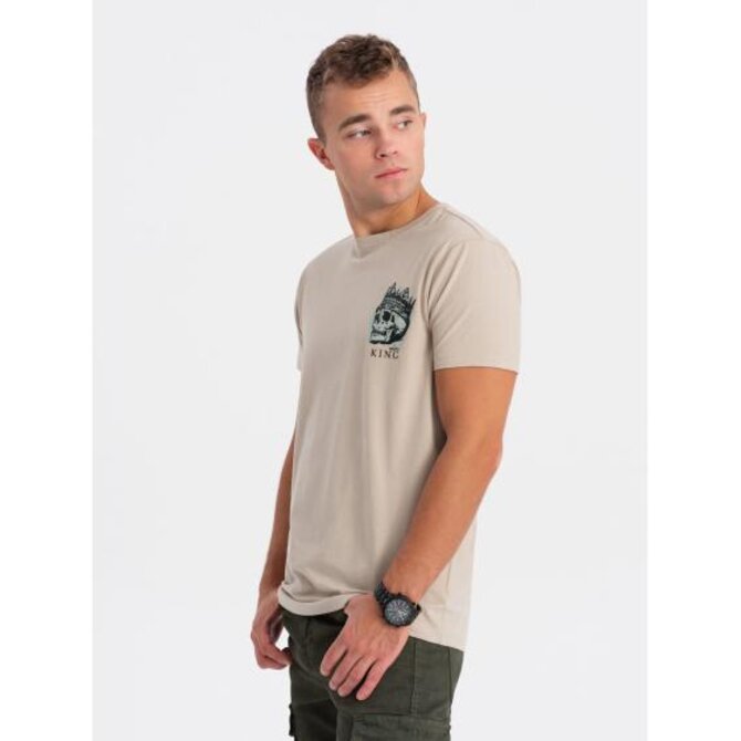 Męski bawełniany T-shirt z nadrukiem na piersi beżowy Béžová, XL