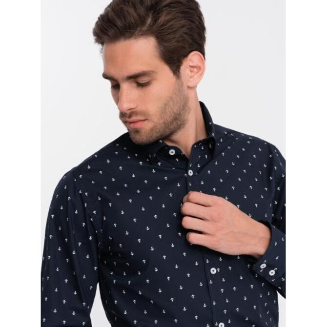 Pánská bavlněná košile SLIM FIT s kotvami tmavě modrá Námořnická modrá, S