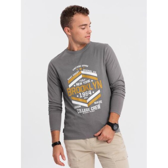 Pánské triko s dlouhým rukávem a potiskem v kolegiálním stylu - šedé V1 Písková, L