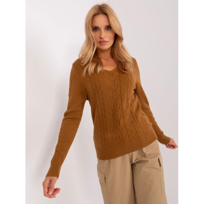 Dámský svetr s výstřihem do V THRIE světle hnědý Hnědá, Univerzální