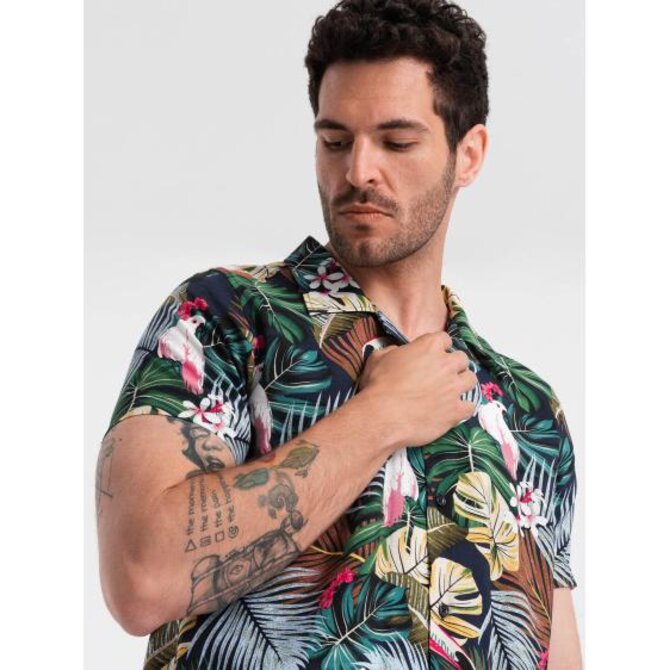 Pánská vzorovaná viskózová košile s krátkým rukávem V10 OM-SHPS-0113 džungle Námořnická modrá, M