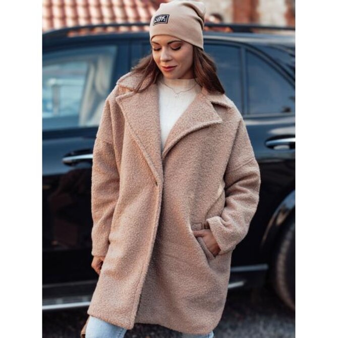 Dámský kabát PLUSHLINE dlouhý z ovčí kůže béžový Béžová, Univerzální