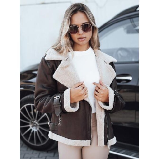 Dámská bunda ramoneska s kožešinou hnědá Hnědá, L