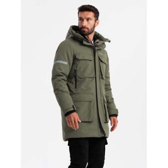 Pánská zateplená dlouhá bunda s reflexními prvky - olivová V3 Olivová, S