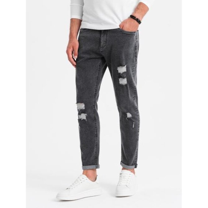 Pratelné pánské džínové kalhoty TAPER FIT s odřenými nohavicemi - grafitové Tmavě šedá, XL