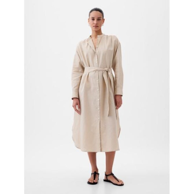 Lněné midi šaty Béžová, M