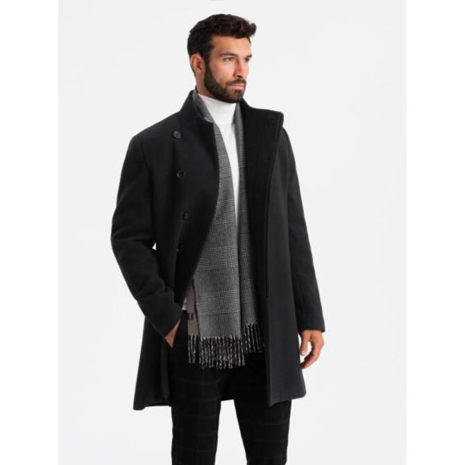 Pánský kabát s vysokým límcem a asymetrickým zapínáním - černý Námořnická modrá, S