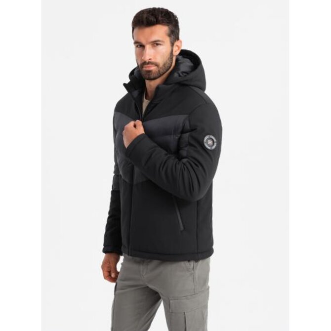 Pánská prošívaná bunda z kombinované tkaniny s vysokým límcem - černá Černá, XL