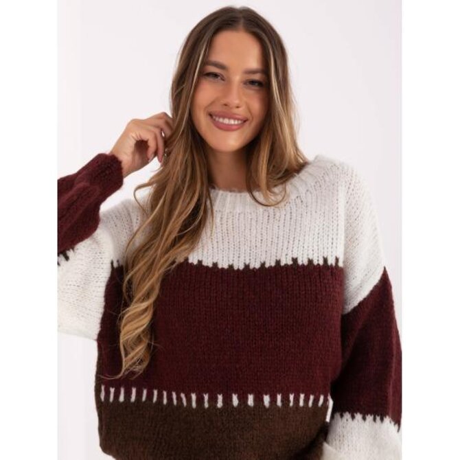 Ecru-bordový oversize svetr s vlnou RUE PARIS Kaštanová, Univerzální