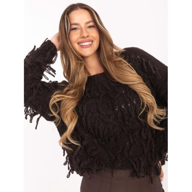 Tmavě hnědý oversize svetr s třásněmi RUE PARIS Hnědá, Univerzální