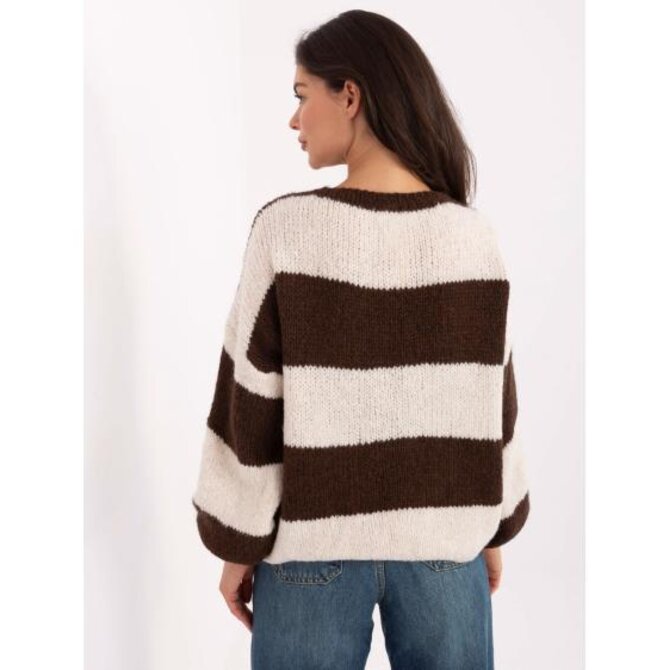 Oversize svetr v barvě ecru a hnědé s vázáním RUE PARIS Hnědá, Univerzální