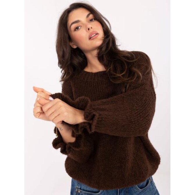 Tmavě hnědý dámský oversize svetr s vlnou Hnědá, Univerzální