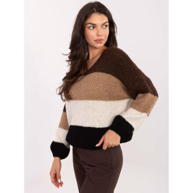 Hnědo-černý oversize svetr s vlnou RUE PARIS Hnědá, Univerzální