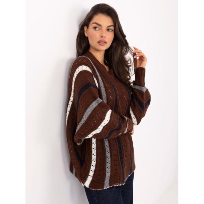 Hnědý dámský oversize svetr s pruhy Hnědá, Univerzální