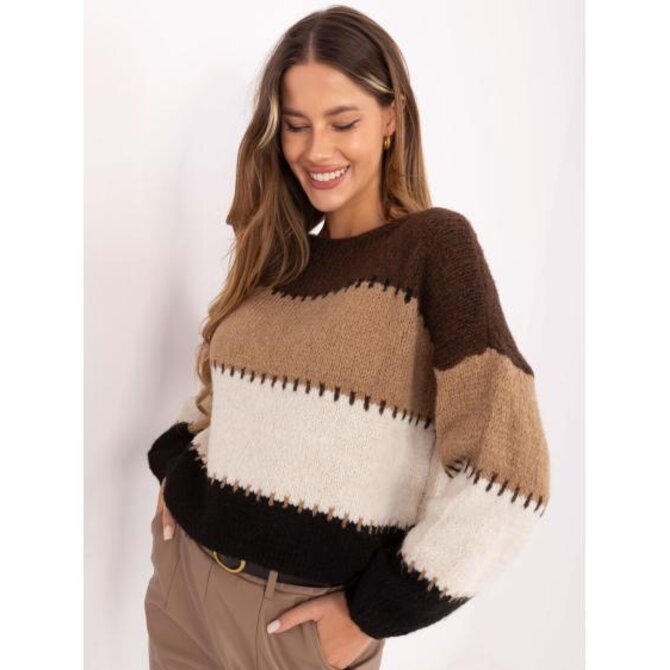 Hnědo-tmavě béžový dámský svetr s pruhy Hnědá, Univerzální