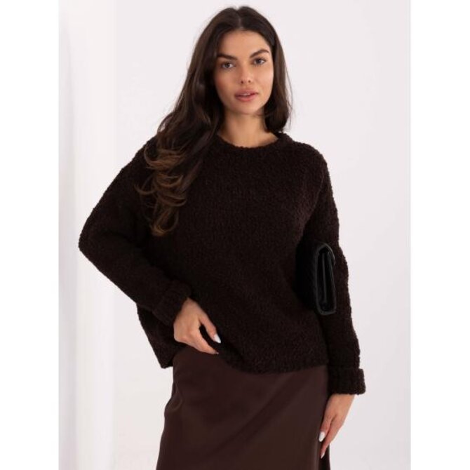Tmavě hnědý bouclé svetr oversize střihu Hnědá, Univerzální