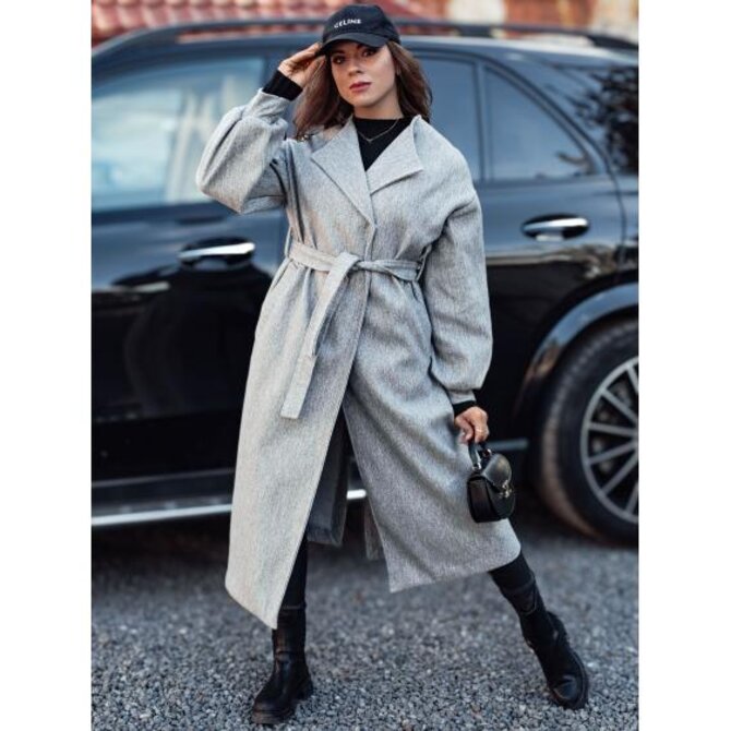 Dámský dlouhý kabát OPULENt s páskem šedý Světle šedá, Univerzální