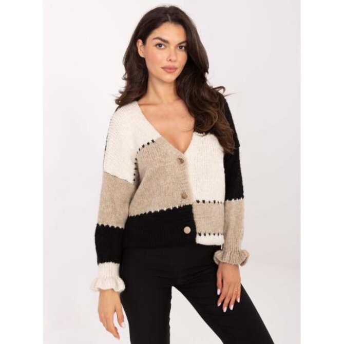 Ecru-černý rozepínací svetr s vlnou RUE PARIS Vícebarevný, Univerzální