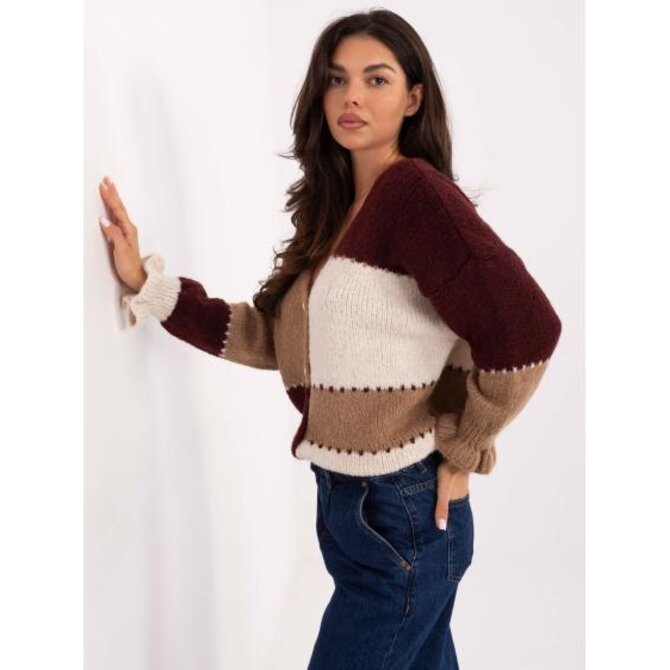 Ecru-bordový svetr s volánky na rukávech RUE PARIS Kaštanová, Univerzální
