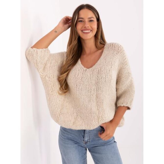 Světle béžový oversize svetr s 3/4 rukávy Béžová, Univerzální