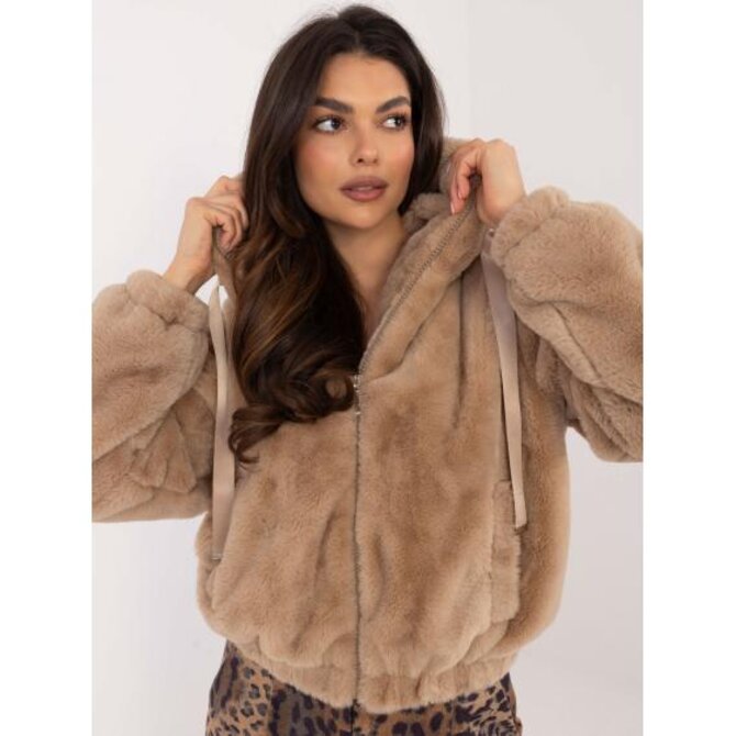 Béžová krátká bunda z umělé kožešiny z viskózy Béžová, Univerzální