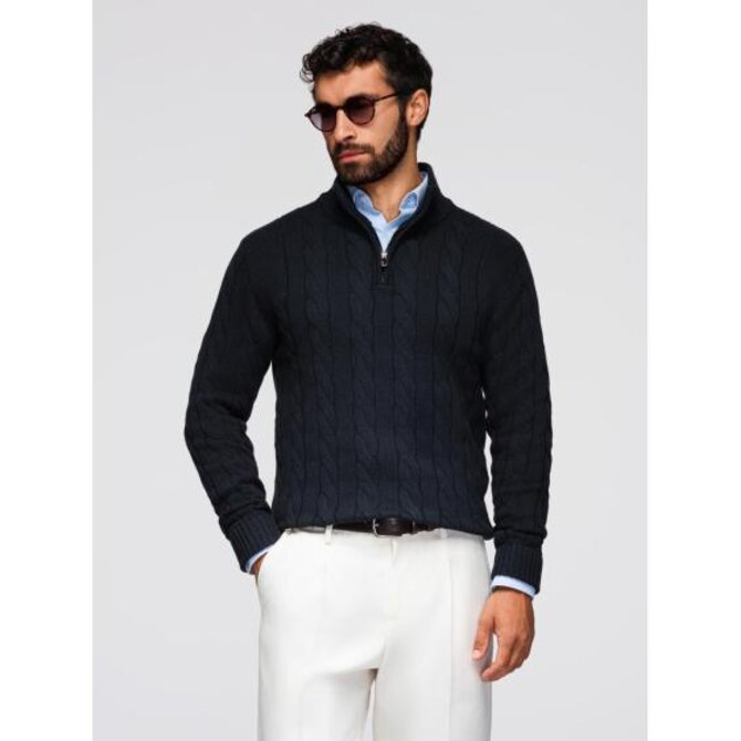 Pánský kostkovaný svetr s rolákem a zipem – černý V2 OM-SWZS-0138 Černá, XXL