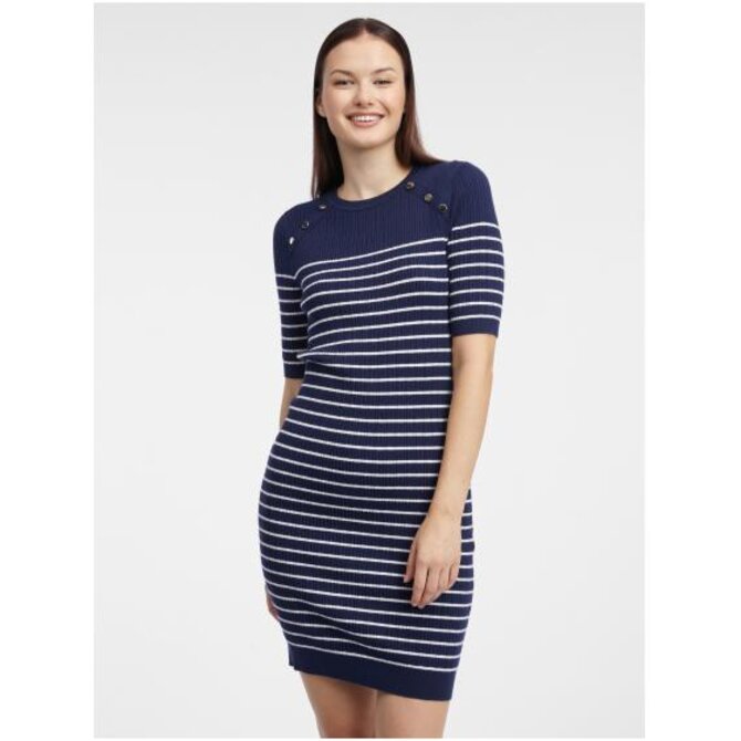 Tmavě modré dámské pruhované svetrové šaty Modrá, L