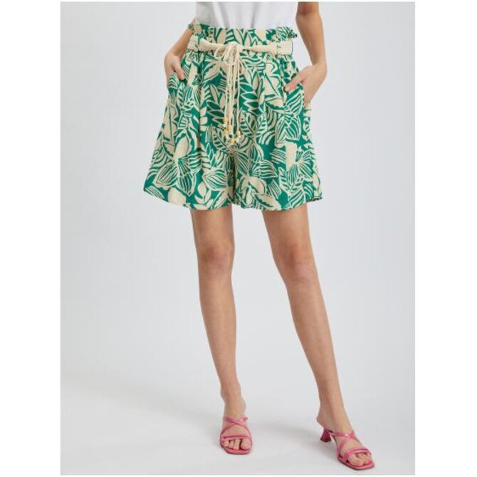 Krémovo-zelené dámské vzorované kraťasy s příměsí lnu Zelená, 36