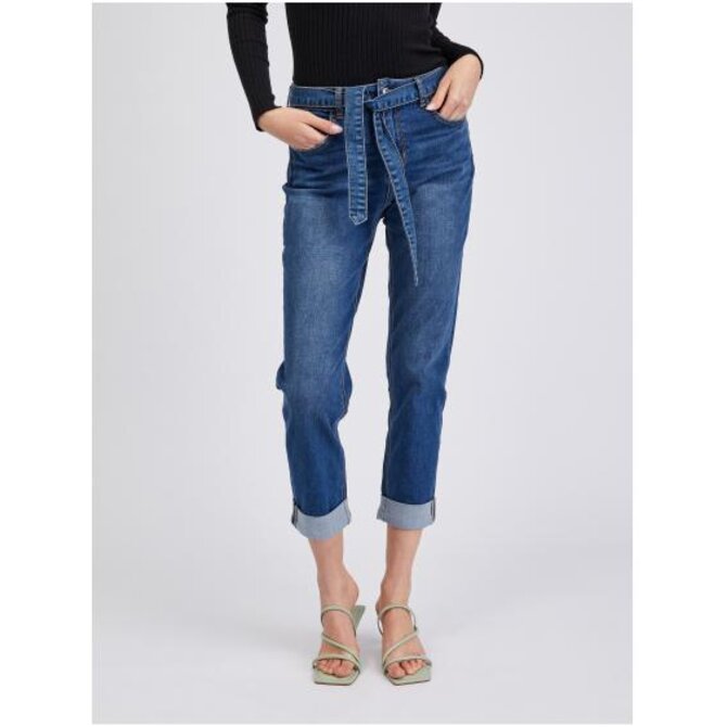 Tmavě modré dámské zkrácené boyfriend džíny Modrá, 38